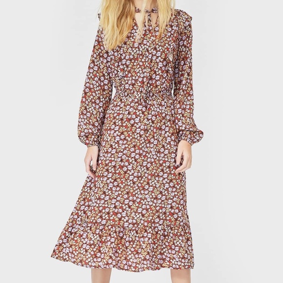 STRADIVARIUS Long Sleeve High Neck Midi Dress Fall Floral Size S/M PUMPKIN PATCH - Picture 1 of 12